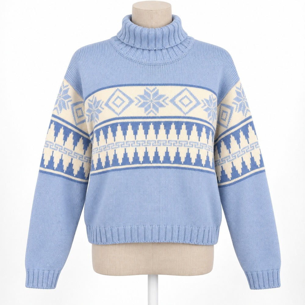 Vintage 90s Wool Snowflake Turtleneck Sweater Size L Blue Fair Isle Nordic Ski